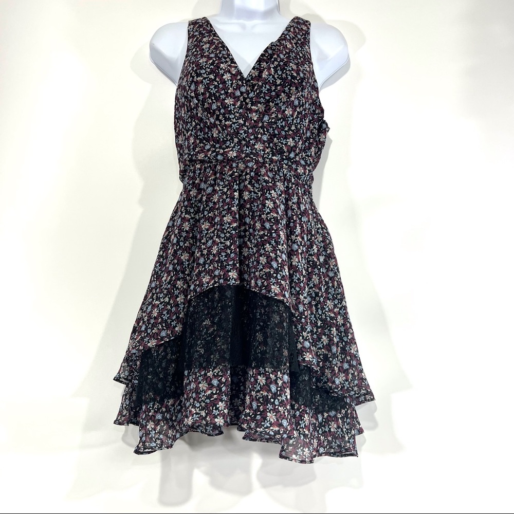BCBGeneration Floral Ruffle Mesh V-Neck Mini Dress NWT